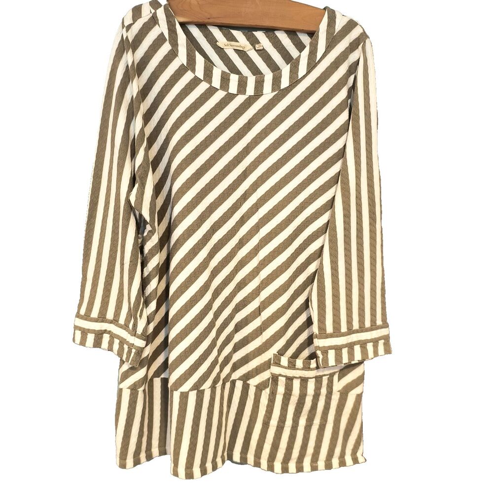 Soft Surroundings Cotton Striped Tunic Top 2X Green White Lagenlook Boho Coastal